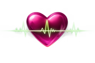 Pink glossy heart with neon ekg heartbeat pulse wave, health and medical data monitoring, transparent background