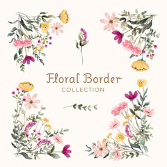 pink yellow wildflower border corner watercolor collection