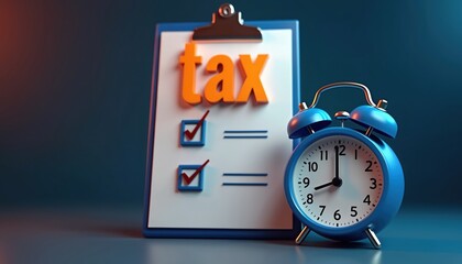 Blue alarm clock and clipboard with tax checklist. Urgent deadline for filing taxes. Time to prepare financial documents and pay bills. Important tax season concept.
