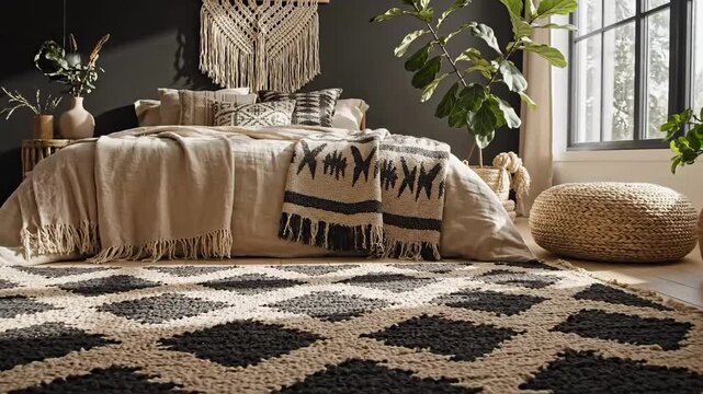 Bohemian Bedroom Design With Woven Rug And Macrame Decor For Home Interior Inspiration