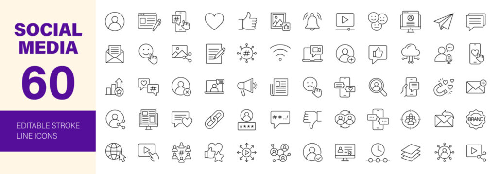 Social Media icon set. Editable line icons. Vector illustration.
