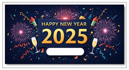 Festive digital banner announces the arrival of the year two thousand twenty five with brilliant fireworks and celebratory elements