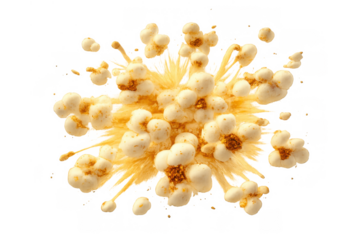 Popcorn kernels bursting and expanding in a dynamic explosion, creating a delicious snack cloud on transparent background