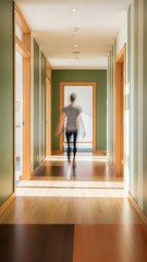 Woman Walking Down a Corridor.