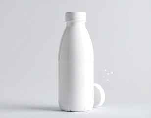 White plastic bottle with cap and milk drop against light grey background