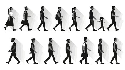 Fototapeta premium Silhouettes of diverse people of various ages and genders walking in profile, casting long shadows, representing a diverse community.