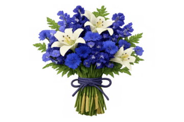 Elegant bouquet presenting white lilies and blue cornflowers on a transparent background, tied with a blue ribbon