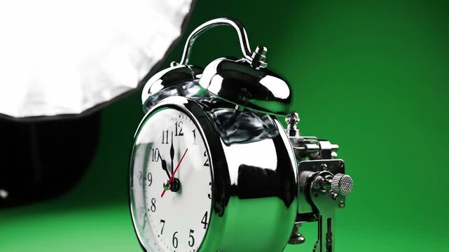 A close-up shot of a classic silver alarm clock with a white face against a green backdrop