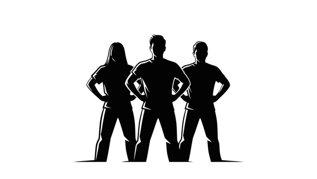Silhouette of three confident individuals standing with hands on hips against a white background, symbolizing teamwork and strength.