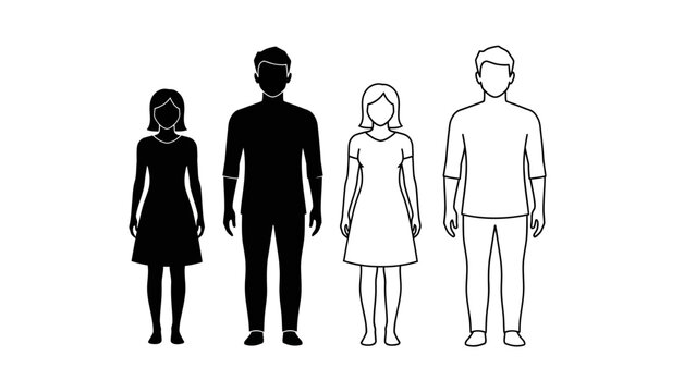 Illustration showing the height difference between men and women, with two figures in silhouette and two in outline.