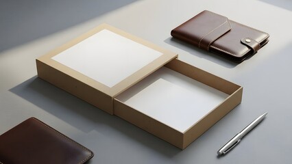 Mockup of a business card box and accessories on a desk