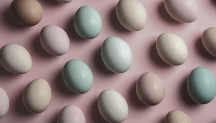 pastel easter eggs isolated on a pink background. 3d spring holiday pattern or banner. flat lay high angle view.