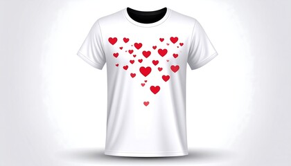 White t-shirt with a cascade of red hearts design on the front
