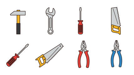 Collection of essential hand tools set with hammer, wrench, screwdrivers, saws, and pliers for repair and construction projects.