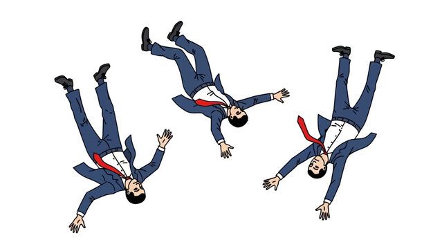 Three businessmen in suits falling through the air with their arms and legs outstretched.
