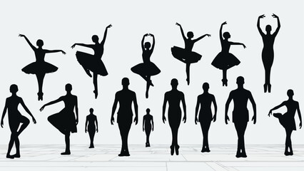Silhouettes of ballet dancers in various poses against a white background. © Vita