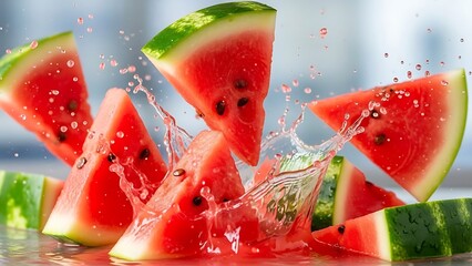 Sliced Watermelon Splashing with Water Droplets