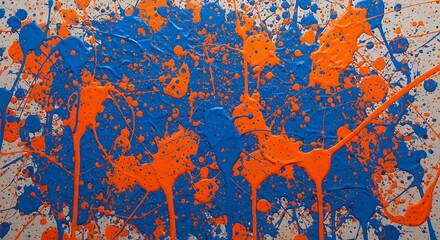 Vibrant orange and intense blue paint aggressively splashed across a textured surface creating an abstract expressionist composition.