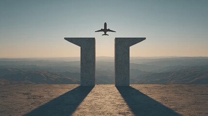 A plane flies above a minimalistic concrete structure against a serene landscape and a clear sky