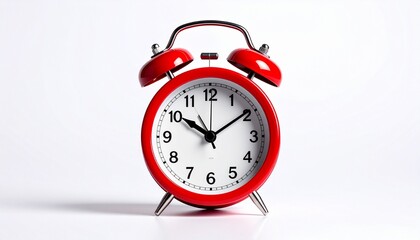 A classic analog alarm clock with a red frame and twin bells on top, standing against a plain white background. The clock face shows the time 10:10:37, with bold black hands and numbers. The compositi
