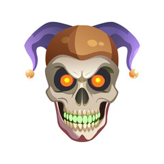 Close-up of a Jester Skull with Glowing Eyes Digital Art Illustration Perfect for Backgrounds