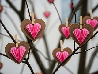 Paper hearts hanging on tree branches with clothespins for Valentine's Day