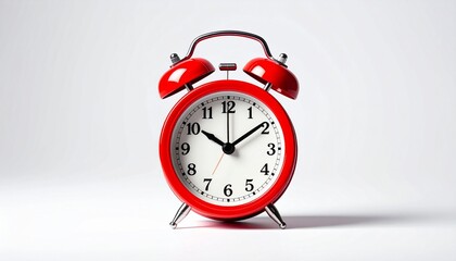 A classic analog alarm clock with a red frame and twin bells on top, standing against a plain white background. The clock face shows the time 10:10:37, with bold black hands and numbers. The compositi