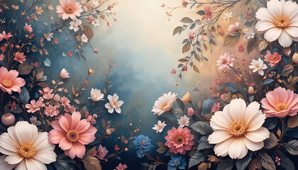 Pastel colored flowers and leaves on a gradient background pink white blue