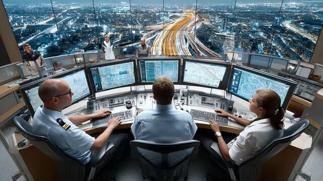 Controlling the Skies: Inside the Control Center, where dedicated air traffic controllers monitor and manage aircraft movements against the backdrop of a bustling city at night.