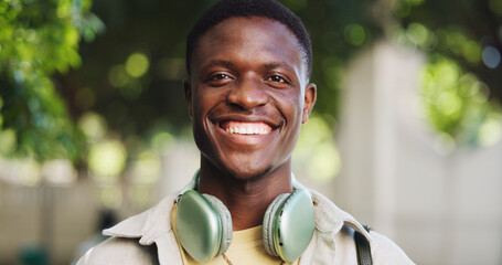 Black man, student and outdoor in portrait with smile, learning opportunity and scholarship....