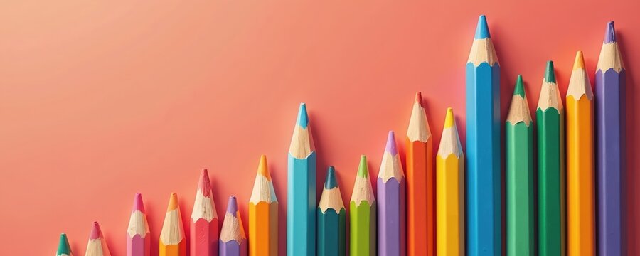 Color pencils arranged in ascending order create a visual graph representing growth or progress. Small pencils increase in size toward a large blue pencil symbolizing success and achievement.