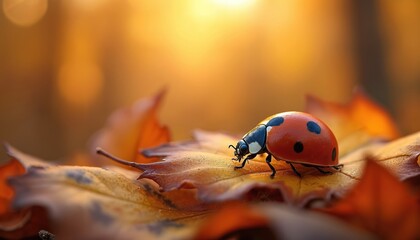 Red ladybug with black spots crawls on dry autumn leaves. Warm sun light glows on forest floor. Close up macro view of insect in nature, seasonal change.