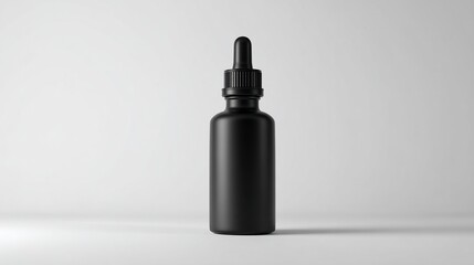 A sleek, minimalist studio shot of a black cosmetic bottle with dropper against a white backdrop