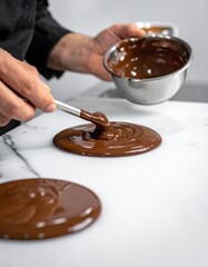 Chef Hands Drizzling Melted Dark Chocolate From Spoon Onto Marble Surface Creating Dessert Art