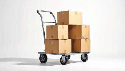 A hand truck loaded with seven cardboard boxes of varying sizes, arranged in a pyramid-like stack against a plain white background. The metal frame and blue handle add a utilitarian touch. The composi