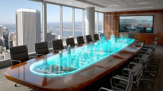 Visionary Meeting: A high-tech boardroom, bathed in natural light, showcasing a holographic cityscape emerging from the conference table. Represents forward thinking and collaborative approach.