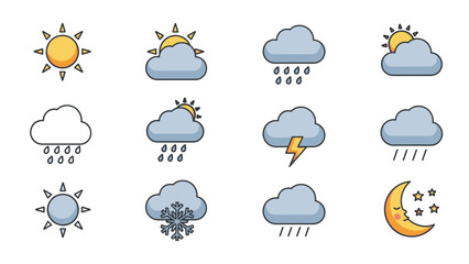 Weather forecast icons collection featuring sun, clouds, rain, snow, thunderstorms, and moon symbols for UI design.