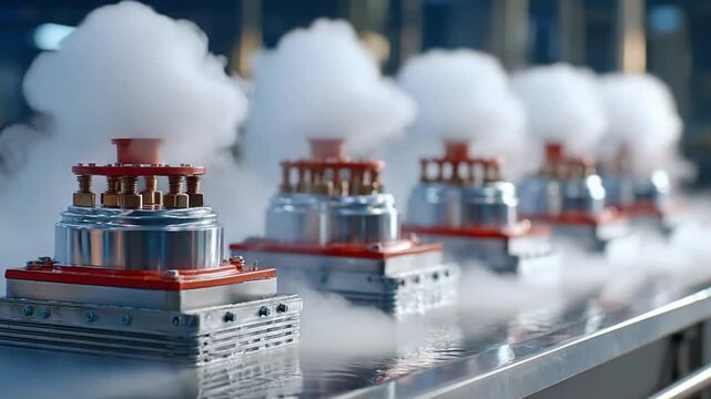 Industrial Precision in Vapor: A row of meticulously crafted industrial components is enveloped in a swirl of vapor. A demonstration of technological innovation and production efficiency. 