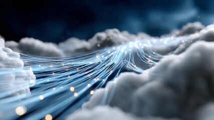 Digital Data Pathways: A mesmerizing visual of data streams weaving their way through a serene cloudscape, symbolizing seamless connectivity and the power of cloud computing.
