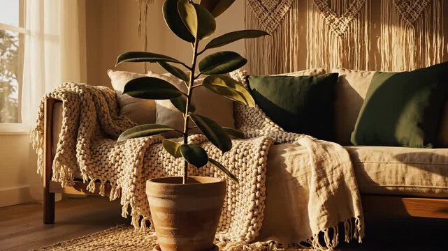 Bohemian Home Decor With Plant, Cozy Sofa, Beige Tones, and Macrame Wall Hanging