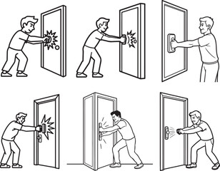 Set of Man forcefully closing a door with a click Line Art, Coloring Book Page Line Art Drawing, Vector and Illustration