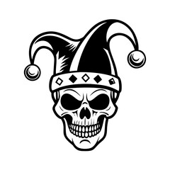 Vector art of a spooky jester skull with harlequin hat in black and white vector art