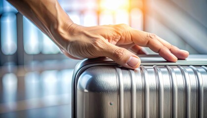 Close Up Of A Person's Hand Resting On A Silver Suitcase In An Airport Terminal With Sunlight Glinting