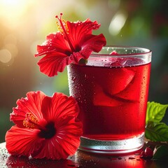 Vibrant Red Hibiscus Flower Drink With Ice Cubes In Glass Dew Drops Sunlight Outdoor Garden Background