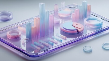 3D-rendered visual of pastel-colored charts, graphs, and circular data representation