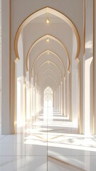 Elegant White Hallway With Golden Arches And Sunlight Streaming Through Windows Creating A Luxurious And Serene Atmosphere