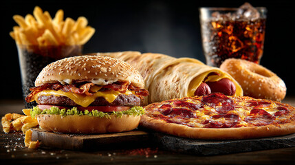 Decadent Fast Food Indulgence: Bacon Cheeseburger, Pepperoni Pizza, Fries, Hot Dog Wrap, and Cola on a Dark Table