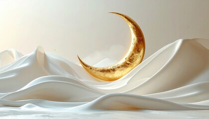 Elegant Golden Crescent Moon Rests on Flowing White Silk Drapery Under Soft Golden Light