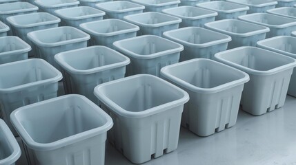 Obraz premium Rows of White Plastic Square Plant Pots ? Empty Nursery Containers