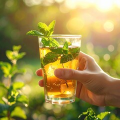 Hand Holding Refreshing Iced Tea With Mint Leaves In Sunlight Outdoors